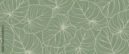 Abstract foliage line art vector background. Leaf wallpaper of tropical leaves, leaf branch, plants in hand drawn pattern on green. Botanical jungle illustrated for banner, prints, decoration, fabric.