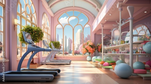 A digital illustration of a modern pink gym with a beautiful city view