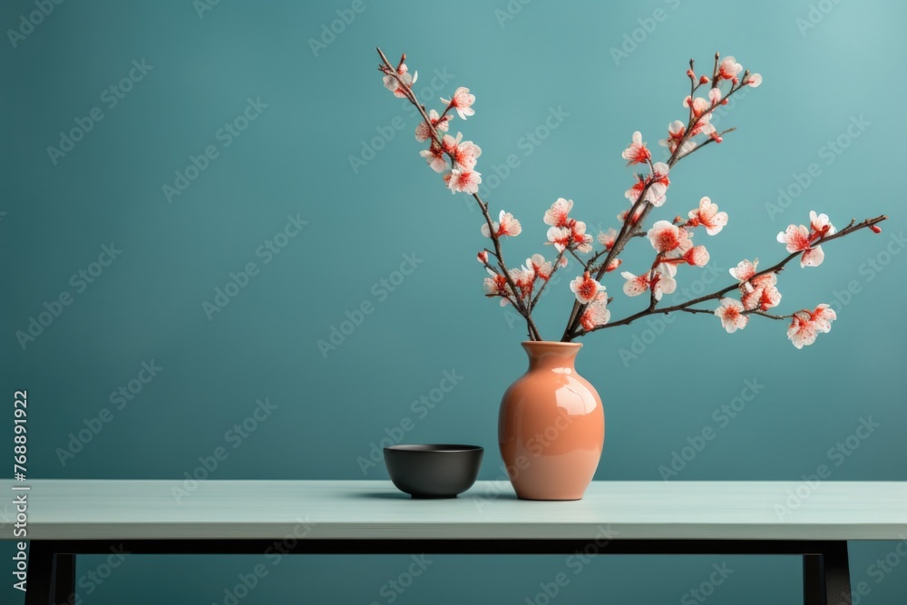Ceramic vase with blooming branch on table against color background.