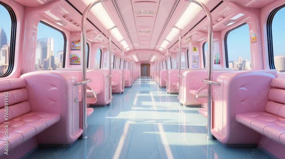 Pink and blue pastel subway train interior