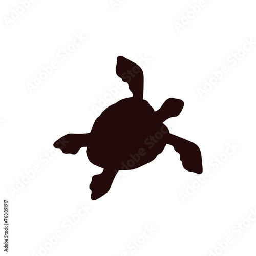 Black silhouette of a sea turtle top view, in a flat style on a white background