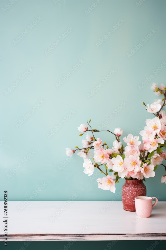 Coffee cup and cherry blossom in vase on table. Coffee cup and cherry blossom in vase on table.