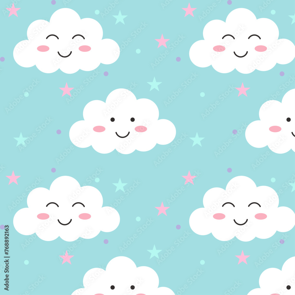 Seamless background with cute smiling clouds in the blue sky. Vector illustration for children