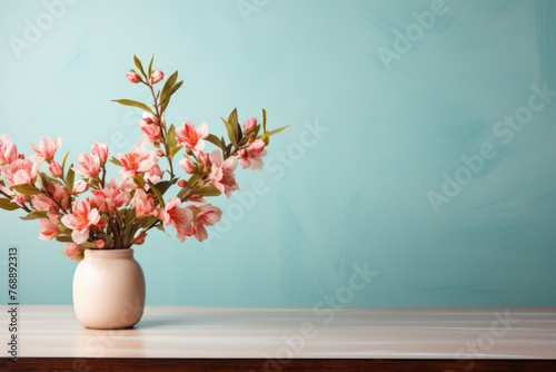 Vase with beautiful flowers on table against turquoise background.