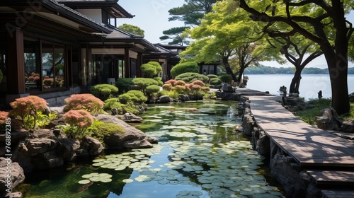 Japanese garden with a pond and a wooden walkway