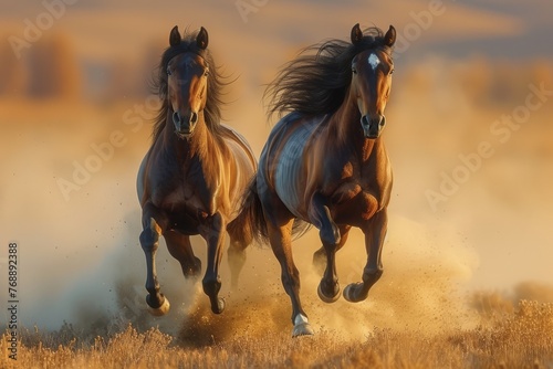 Two horses galloping across a grassy plain