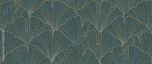 Luxury golden ginkgo leaf line art background vector. Natural botanical elegant flower with gold line art. Design illustration for decoration, wall decor, wallpaper, cover, banner, poster, card.