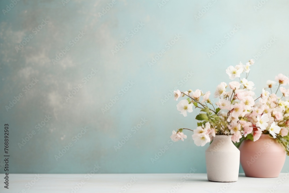 Vase with beautiful blossoming branches on table against color background. Space for text.