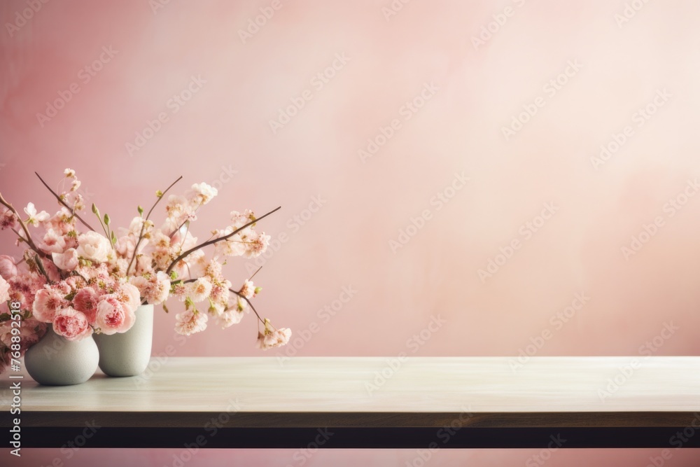 Vase with cherry blossom flowers on wooden table over pink background.