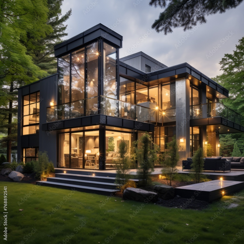 Black and grey modern house exterior with large glass windows