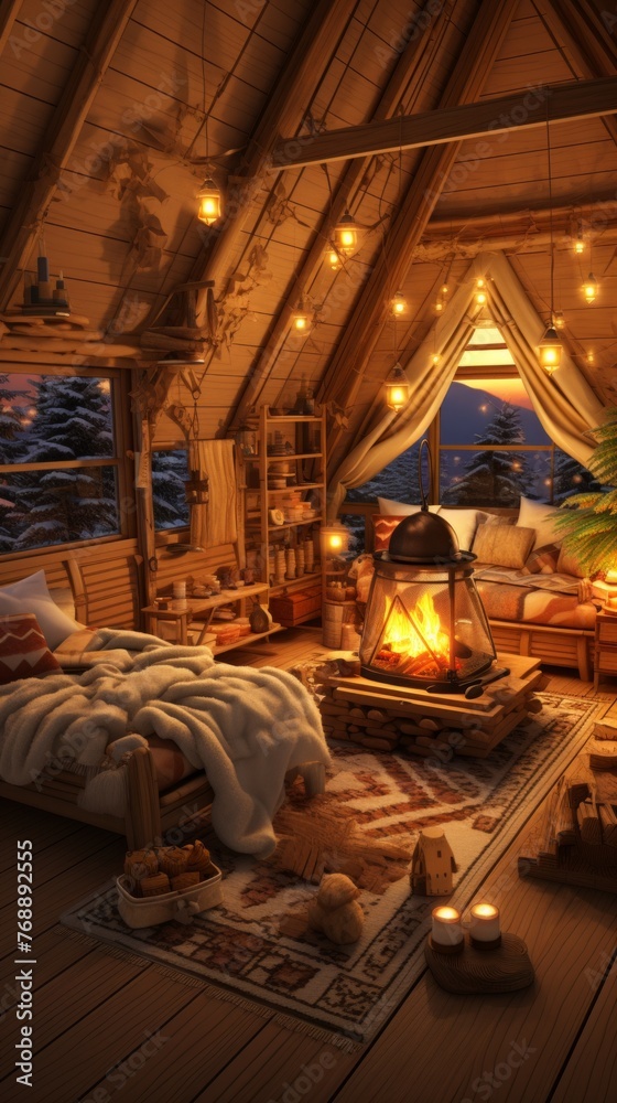 Cozy cabin in the woods with fireplace and fairy lights