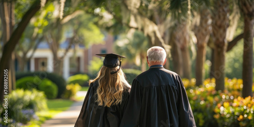 A graduate and a professor stroll through a tree-lined path at a university, symbolizing academic accomplishment