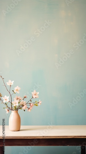 Cherry blossom in vase on table with blue wall background.