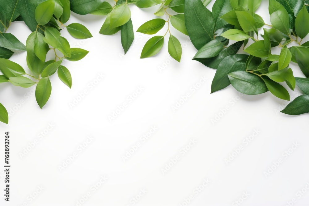 Green Leaf Frame on Pristine White Background. A harmonious frame of fresh green leaves gracefully outlines the edges of a spotless white background, perfect for eco-themed designs.