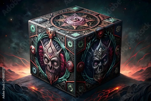 Mystical Cube Cosmic Horror Intricate Symbols Dark Fantasy Artwork