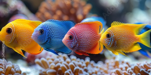 Colorful fish in a tropical underwater scene, surrounded by coral, showcasing aquatic beauty. photo