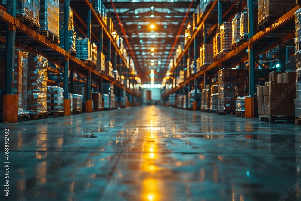 Inside a large industrial warehouse, racks and shelves store goods for distribution and retail.