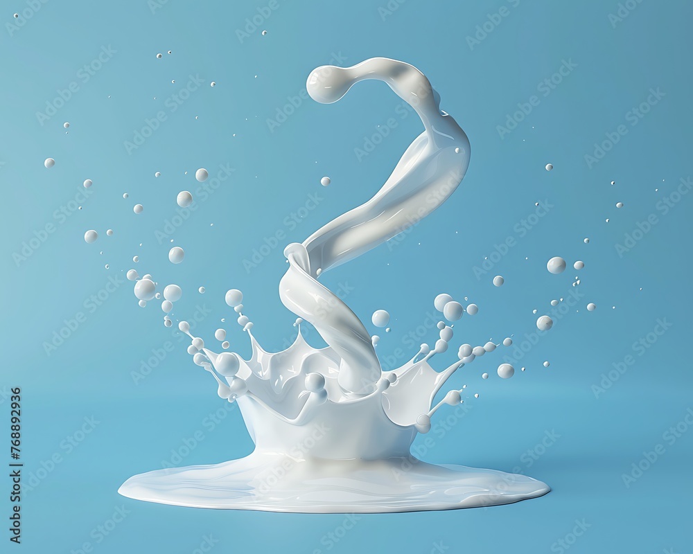 3D-rendered milk twister swirling amidst milk droplets in high-definition, set against a cyan backdrop for ultra-realism