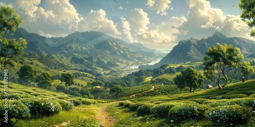 Panoramic view of a majestic landscape with green meadows, towering mountains, and a clear blue sky.