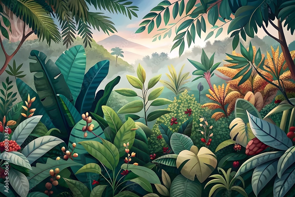 Obraz premium Tropical Rainforest Foliage Lush Vegetation Exotic Flora Dawn Misty Landscape