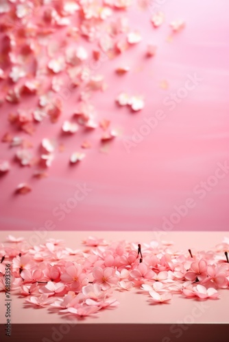 Beautiful cherry blossom petals on table, on color background.