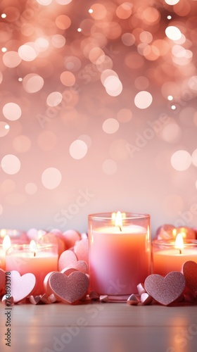 valentines day background with candles and hearts on bokeh background.