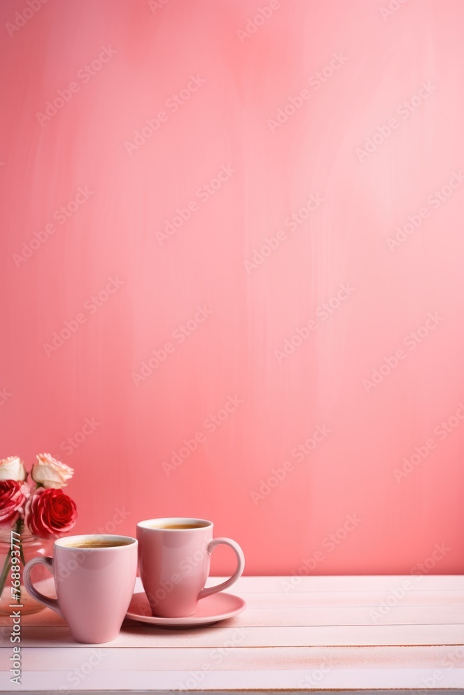 Two cups of coffee on wooden table and pink background with copy space. Two cups of coffee on wooden table and pink background with copy space.