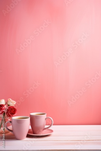 Two cups of coffee on wooden table and pink background with copy space.