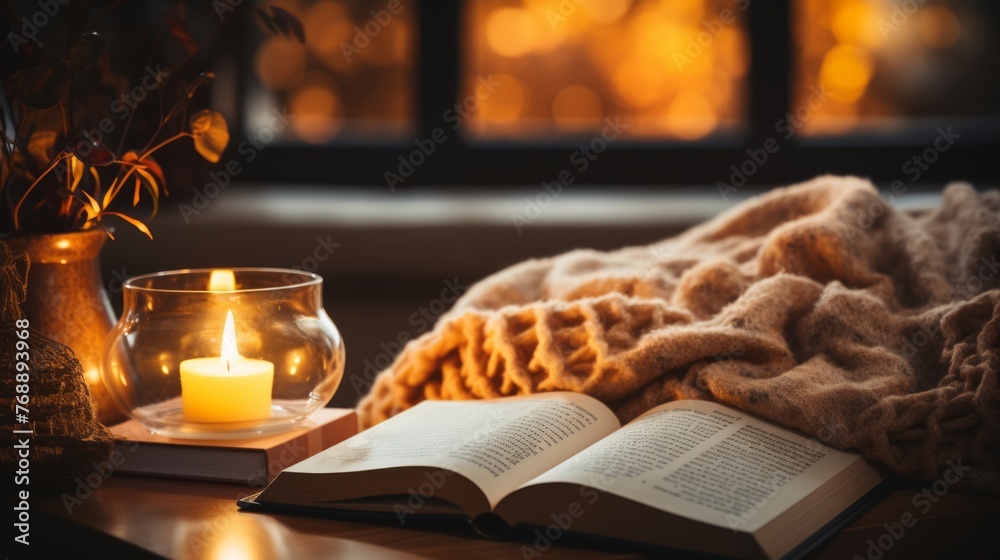 A cozy reading nook with a candle, book, and blanket