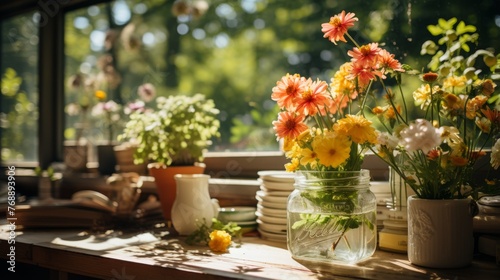 An Arrangement of Flowers in a Mason Jar Sits on a Wooden Table in Front of a Window