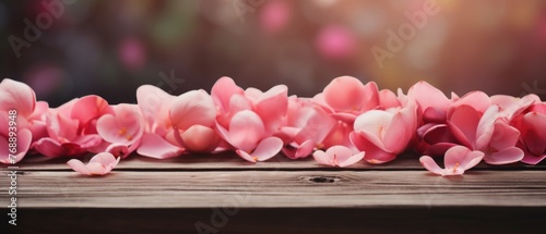 Wooden table with pink flower petals on background bokeh.