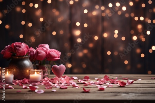 valentines Day background with roses and candles on wooden table.
