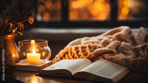 A cozy reading nook with a candle, book, and blanket