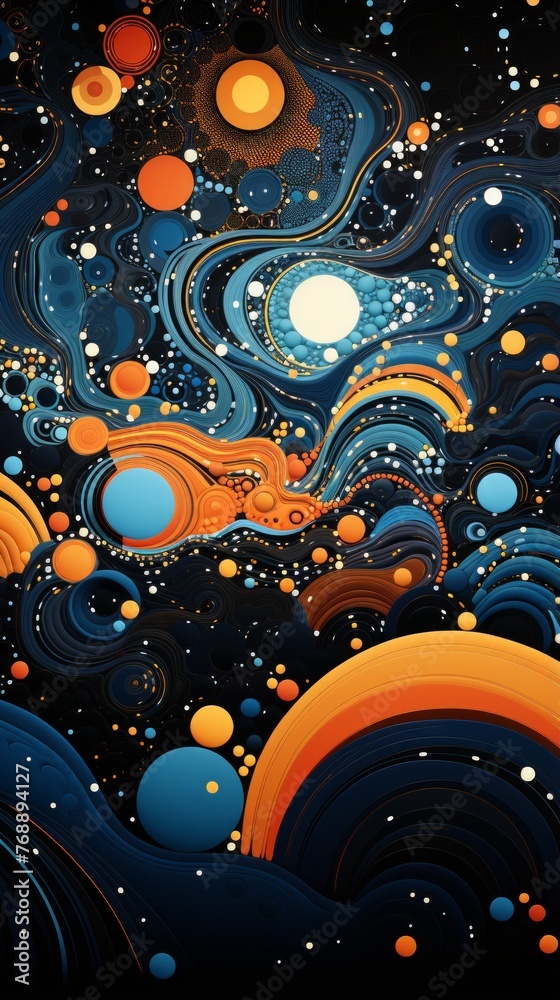 Colorful abstract painting with blue, orange, and yellow shapes