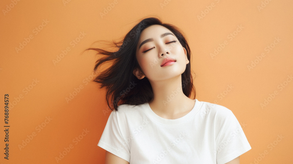 Young adult healthy beautiful Asian woman model wearing white t-shirt on background. Face flawless perfect fresh skin care korean cosmetic treatment makeup products skincare ads. Beauty portrait . Young adult healthy beautiful Asian woman model wearing white t-shirt on background. Face flawless perfect fresh skin care korean cosmetic treatment makeup products skincare ads. Beauty portrait .