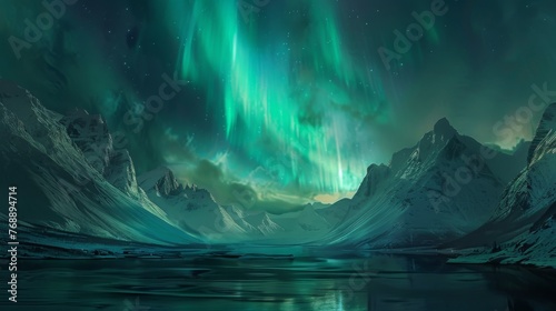 Green and Blue Aurora Borealis Over Mountain Range © Prostock-studio