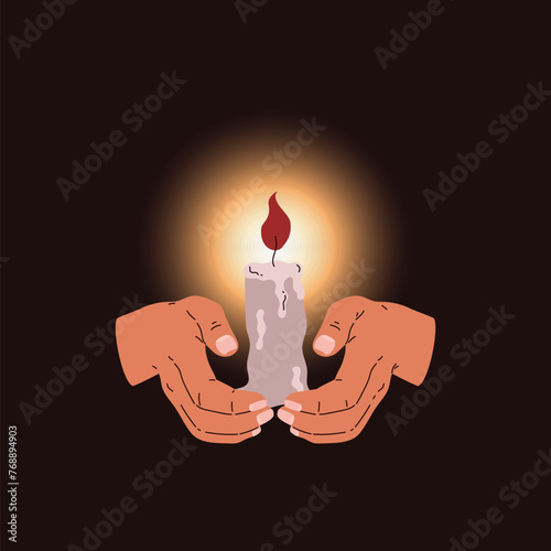 Hands holding a candle. Vector illustration