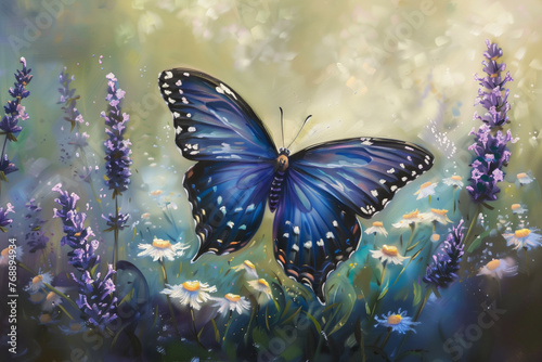 A Majestic Blue Butterfly Alighting in a Lush Meadow of Lavender and Daisies, a Symphony of Nature's Elegance