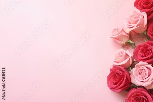 Vibrant red and soft pink roses creating a romantic corner on a pastel pink background. Vibrant Roses on Pastel Pink