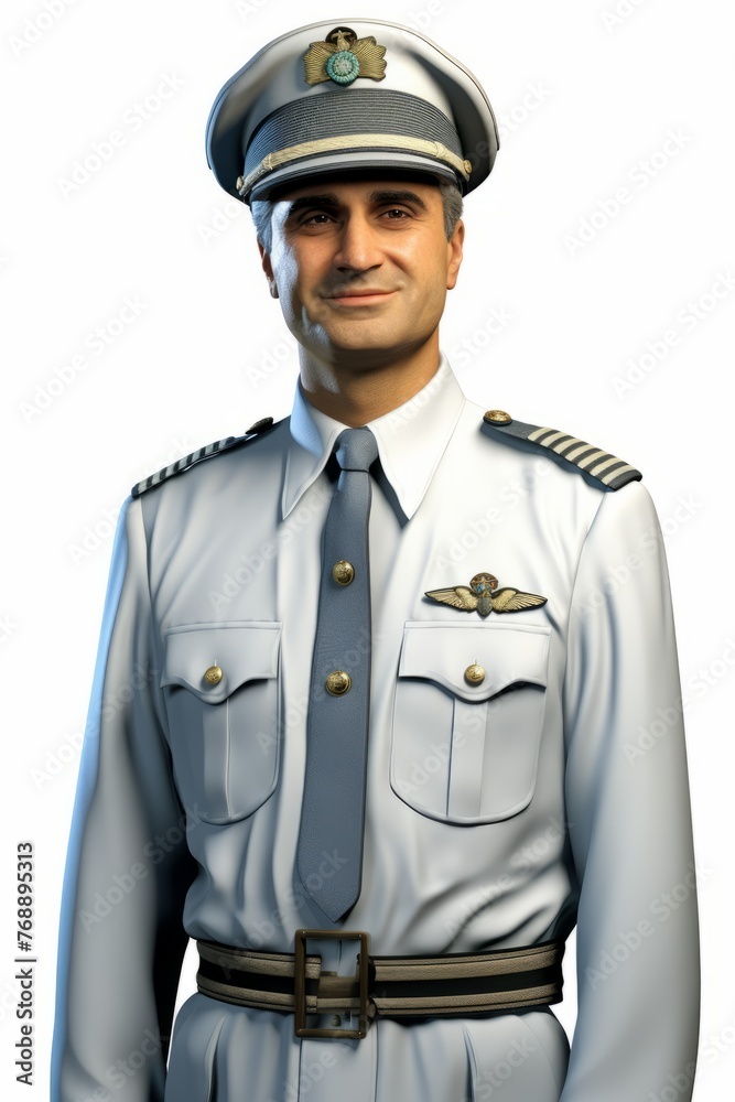 Smiling pilot in white uniform with white hat and blue tie Smiling pilot in white uniform with white hat and blue tie