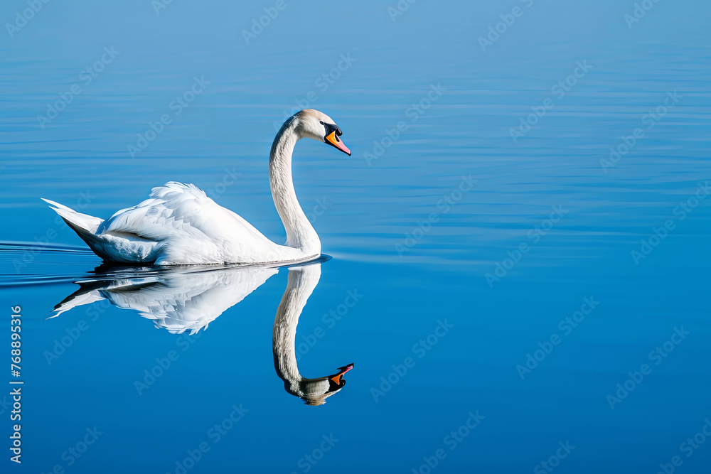 Profile of a single white swan on a calm blue lake with reflection
Profile of a single white swan on a calm blue lake with reflection