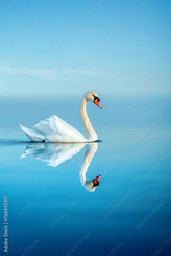 Fototapeta premium Profile of a single white swan on a calm blue lake with reflection 