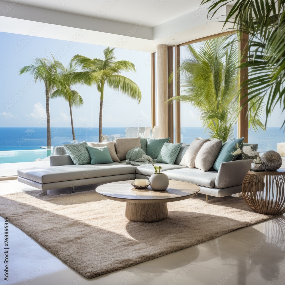 Modern luxury villa living room with stunning ocean views