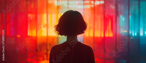 Behind the woman with short hair Standing and looking at the brightly colored glass wall