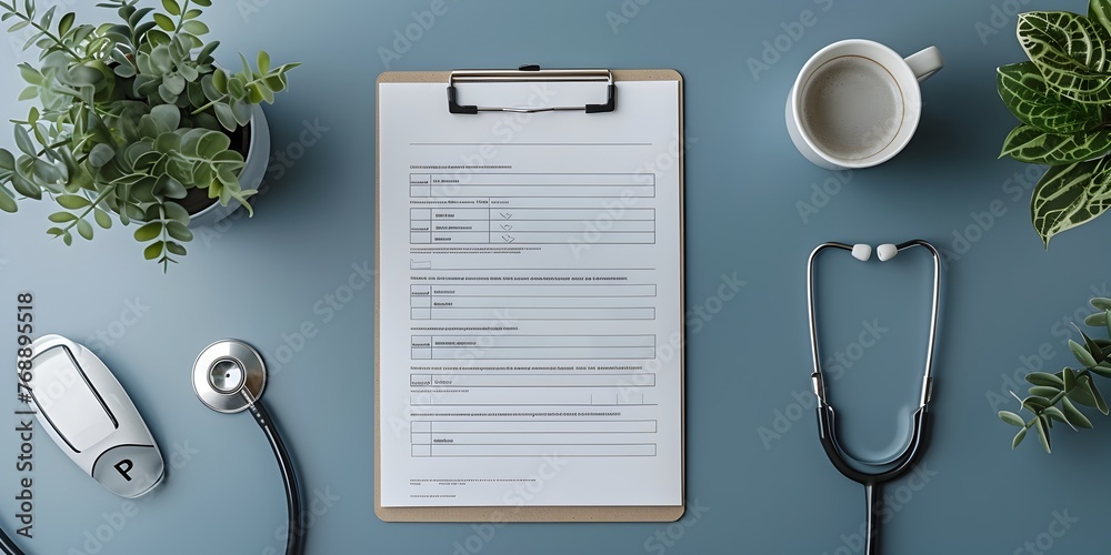 Naklejka premium Medical Clipboard with Patient Intake Form and Healthcare Equipment on Desk