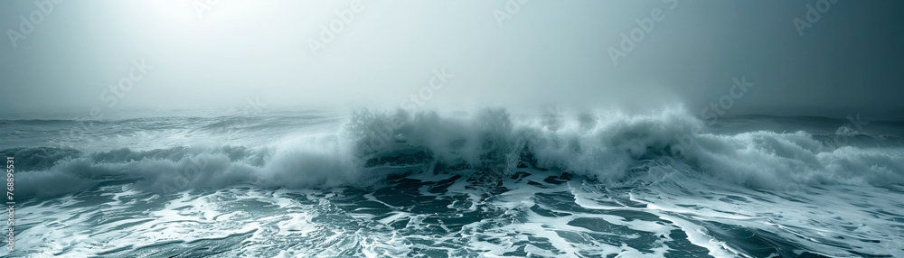Terrifying sea waves Hit the coast A stormy atmosphere is brewing. - obrazy, fototapety, plakaty 