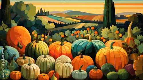 An illustration of pumpkins in a field photo