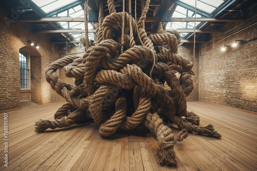 A large rope sculpture fills a room