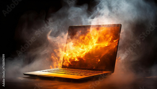 Burning laptop engulfed in smoke. Modern technology. Work and deadline concept.