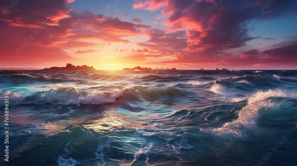 The setting sun casts a pink and purple glow over the ocean waves - obrazy, fototapety, plakaty 
